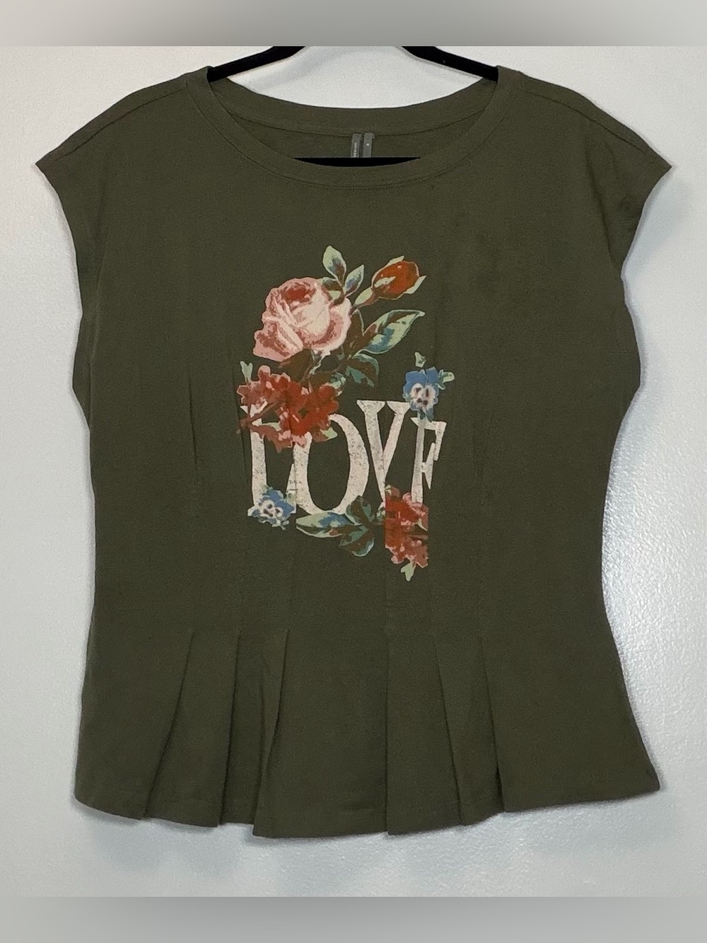 Olive Green Floral 'LOVE' Pleated Hem Women's Top